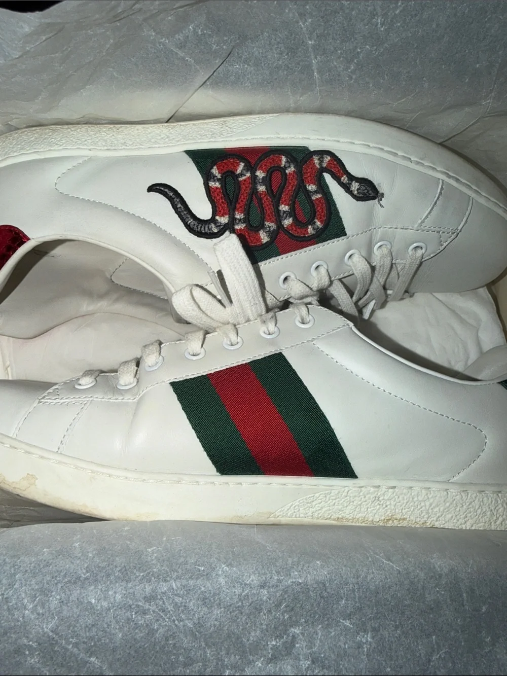 White Leather Gucci Embroidered Snake Lace-Up Sneakers
